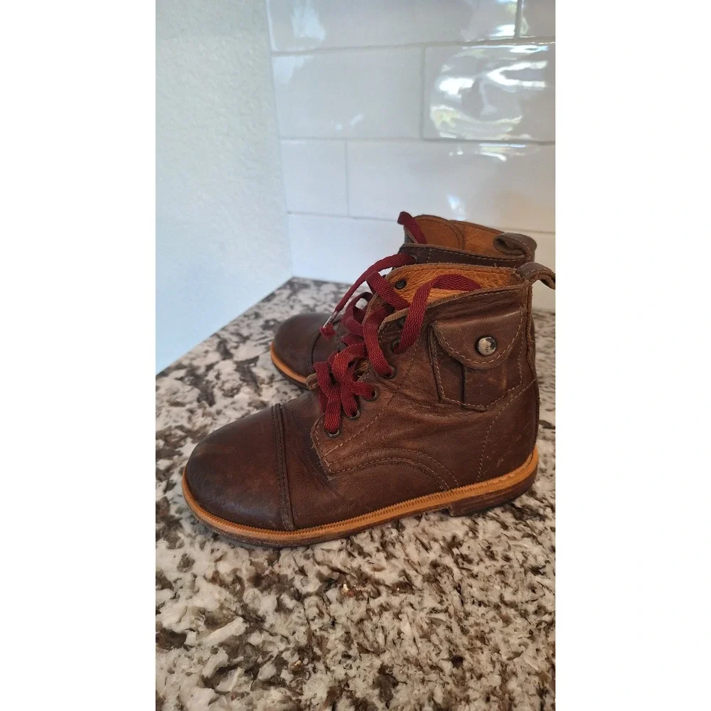 Mikoleon Kids Brown Leather Lace Up Cap Toe Boots Side Pocket EU 29